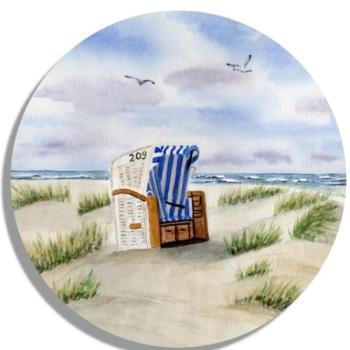 Untersetzer Glasuntersetzer rund 9,5 cm  Aquarell Kunst Maritim Druck Kunstdruck Strandkorb Sylt Nordsee Meer Möwe Strand Dünen